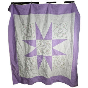 Handmade Embroidered Quilt Pink White Starburst 76" by 74" Full Size Vtg‎